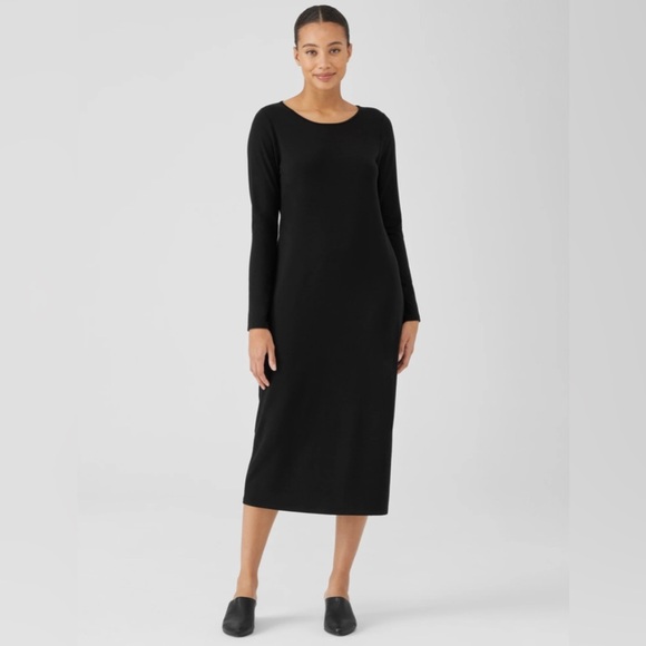 NEW Eileen Fisher Stretch Jersey Knit Jewel Neck Dress Black Size Large - Picture 10 of 10